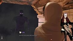 In this cartoon adventure episode the busty brunette in cosplay deepthroats a big cock while fingering her ass during intense anal action in the game