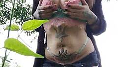 Curvy Brazilian with Pierced Nipples and Natural Tits Flashes Big Pussy Outdoors