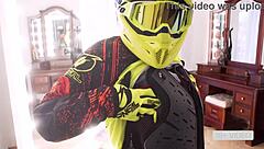 Whoa, check out this hot sex with a horny masked teen 18+ riding passionately on a motorcycle, taking it in ass and swallowing cum!