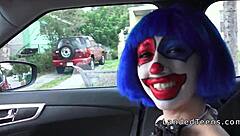 Teen in clown costume enjoys outdoor banging leading to a cumshot