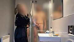 Caught husband jerking on brunette milf in bathroom and joined the voyeur action