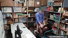 Suggestive shop fucking in doggystyle with sexy ebony teen for stealing in public.