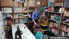 Suggestive shop fucking in doggystyle with sexy ebony teen for stealing in public.