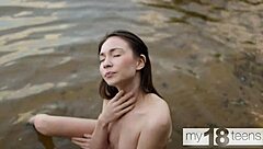 skinny girl with small tits masturbates outdoor with wet pussy spread wide!