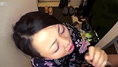 Subtle hints of a Japanese beauty in yukata getting thoroughly pleased by blowjob moves