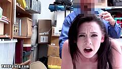 Arrogant young shoplifter boldly takes the cop's huge cock in doggystyle position. She rides it hard in the security office.