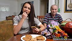 feeling intense passion while young brunette rides old wood in solo fingering orgasm.