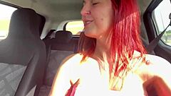 Redhead amateur babe flashes big tits outdoors in public on rs118