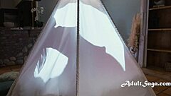 Busty ebony teen rides hard in indoor tent with intense orgasmic action and big tits bouncing wildly