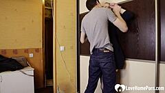 Brunette amateur in stockings enjoys licking and hard pounding in homemade lingerie session with kissing.