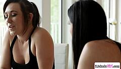 Lesbian teen 18+ starts with kisses then licks milf in tribbing cunilingus beaver action on bed.