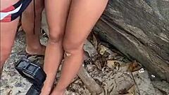 Exhibitionist group flashes big pussy in wild 5some at secret beach!