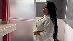 Pretty curvy Colombian Latina with big ass and natural tits enjoys passionate anal sex under the shower with her roommate.