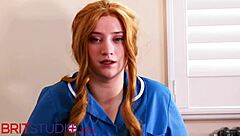 Curly-haired nurse Greene in sexy uniform teases solo with jerk off instructions for intense cum play. Her big natural tits shine in lingerie.