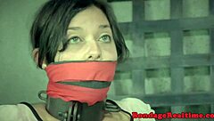 Submissive Bound to Poles Teased with Dildo in Intense BDSM Session