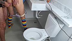 Boldly sharing bathroom with sexy brunette babe, fucked her until she peed