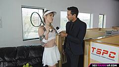 Busty tranny showcases big tits and transsexual allure in detailed solo display with curves and appeal