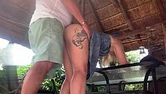 Damn, hot blonde gets upskirt pounded outdoors with creampie finish!