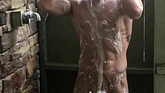 Muscular Young Bodybuilder Guy Shows Off Big Cock And Skinny Build During Steamy Shower Time