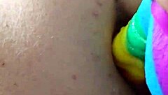 Brunette Amateur Chubby Girl Using Rainbow Dildo for Anal Creampie with Gaping Assfucking