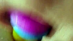 Brunette Amateur Chubby Girl Using Rainbow Dildo for Anal Creampie with Gaping Assfucking