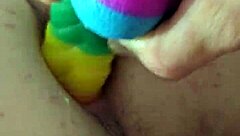 Brunette Amateur Chubby Girl Using Rainbow Dildo for Anal Creampie with Gaping Assfucking