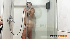 I can't resist fucking curvy redhead Elektra Red again in the shower for a quickie