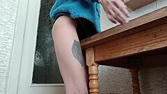 Skinny Brunette Masturbates Pussy On Kitchen Table