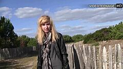 Lovely Blonde Vicky Explores Tight Shaved Pussy In Outdoor Flashing Casting Interview