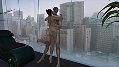 Cock fucks tight pussy in bedroom before cum covers boobs during steamy shower bathing sex session.