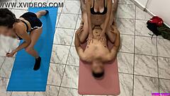 Yoga instructor trains two beautiful young Latinas then tricks them into intense anal with his monster cock