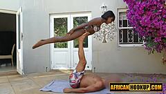 Black hottie with natural tits gets stretched and pounded in outdoor yoga session with rough interracial action