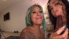 Two sexy Latinas contrast big ass and tits in wet squirting play.