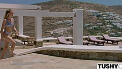 Bored rich blonde girl gapes wide for her personal trainer during steamy vacation encounters.