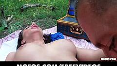 Young French beauty with amazing natural tits enjoys passionate fucking in the woods.