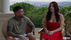 Curvy Redhead Babe in Lingerie Sucks and Fucks Two Young 18+ Studs with Squirting Action