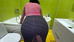 Guy took his friend's ass in the toilet and she showed him her big tits during amateur anal