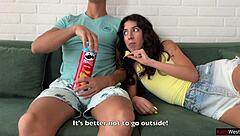 Guy flashes hard cock during movie and she offers tight ass for rough anal pounding!