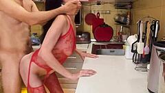 Fitness mature wife in athletic stockings during couple workout session