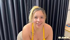 Hotwife gets sensual interracial anal massage from hung stud after butt workout, leading to bareback assfucking, deepthroat blowjob, and cum on ass creampie in see-through outfit