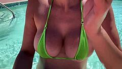 Italian Big Tits Milf Artemisia Love Poses Outdoors in Pool Wearing Micro Bikini with Boobs Exposed