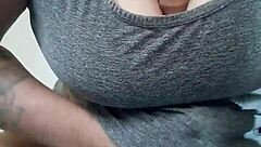 Whoa, thekinkyfuckers tattooed brunette fucks dildo with her titties hard!