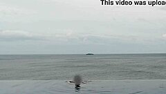 skinny japanese college girl's infinity pool tease