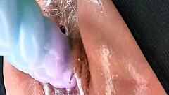 Homemade BBW fat pussy stretched gaping with dildo squirting