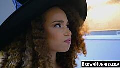 Halloween Treat: Chocolate Ebony Teen's Petite Pussy In Heels And Stockings