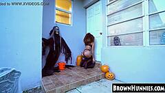 Halloween Treat: Chocolate Ebony Teen's Petite Pussy In Heels And Stockings