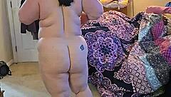 Curvy BBW brunette strips lingerie teases huge natural tits dancing