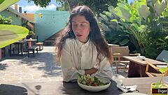 Cum Covered Face Lunch in Public Cafe Cumwalk