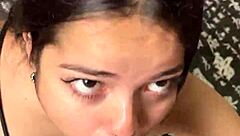 Submissive girlfriend gags on monster cock deepthroat!