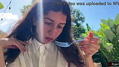 Cum Covered Face Lunch in Public Cafe Cumwalk